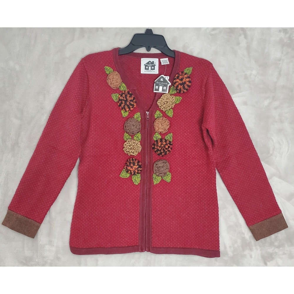 Storybook Knits Sweater Womens Small Red Full Zip Fall Floral Rose Cardigan NWT